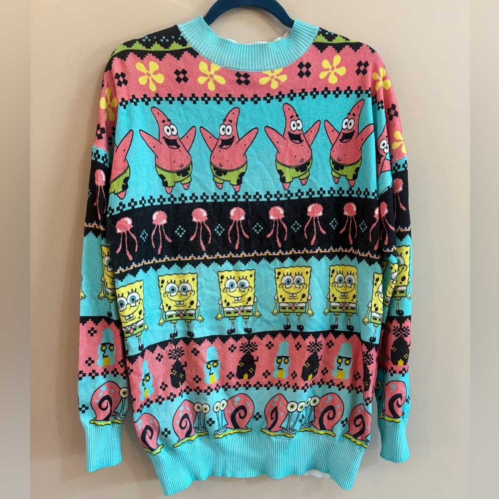 Dolls Kill Spongebob Squarepants Allover Print Long Sleeve 100% Cotton Sweater